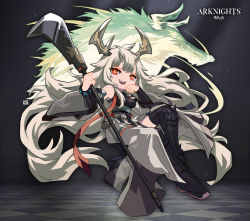 Rule 34 | 1girl, :d, arknights, black footwear, black sleeves, blonde hair, holding, holding polearm, holding weapon, horns, invisible chair, lataedelan, long hair, looking at viewer, matoimaru (arknights), open mouth, orange hair, polearm, sitting, sleeveless, smile, solo, spear, thighhighs, v-shaped eyebrows, weapon