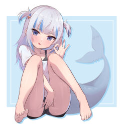 Rule 34 | 1girl, absurdres, bare legs, barefoot, between legs, black bra, black shorts, blue background, blue eyes, blue hair, blunt bangs, blush, bra, commentary, covering privates, covering crotch, eyelashes, feet, fins, fish tail, full body, gawr gura, grey hair, hair ornament, hand between legs, hand up, head tilt, highres, hirotaka0125, hololive, hololive english, knees up, multicolored hair, off shoulder, ok sign, open mouth, partially visible vulva, shark girl, shark hair ornament, shark tail, shirt, shorts, single bare shoulder, solo, streaked hair, t-shirt, tail, thighs, toenails, toes, two side up, underwear, virtual youtuber