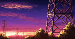 Rule 34 | aoha (twintail), blue sky, cloud, commentary request, gradient sky, grass, no humans, outdoors, power lines, scenery, sky, sunset, transmission tower