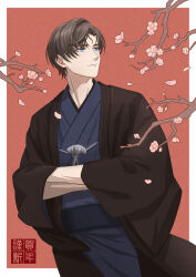 Rule 34 | 1boy, absurdres, artem wing (tears of themis), bel 3001, black hair, blue eyes, blue kimono, branch, brown background, closed mouth, commentary request, flower, hands in opposite sleeves, highres, japanese clothes, kimono, long sleeves, looking to the side, male focus, obi, open clothes, parted bangs, petals, pink flower, sash, smile, solo, tears of themis, two-tone background, white background, wide sleeves