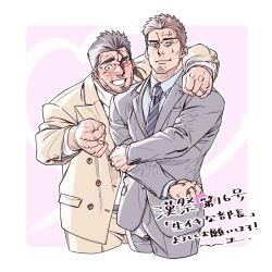 Rule 34 | 2boys, anger vein, annoyed, bara, blush, brown suit, cropped legs, facial hair, formal, goatee, grey suit, hima (nichikan), husband and husband, jewelry, large hands, long sideburns, male focus, mature male, money gesture, multiple boys, muscular, muscular male, necktie, old, old man, one eye closed, original, ring, short hair, sideburns, suit, thick eyebrows, translation request, wrinkled skin, yaoi