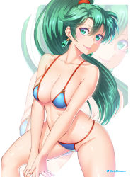 Rule 34 | 1girl, artist name, bare arms, bare shoulders, bikini, blue bikini, blush, breasts, cleavage, collarbone, commentary, earrings, etchimune, fingernails, fire emblem, fire emblem: the blazing blade, fire emblem heroes, green hair, jewelry, lips, long hair, looking at viewer, lyn (fire emblem), medium breasts, nintendo, ponytail, shiny skin, sign, simple background, smile, solo, swimsuit, thighs, white background, zoom layer