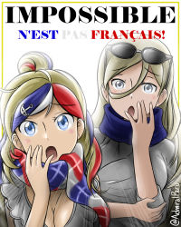Rule 34 | 2girls, admiral paru, blonde hair, blue eyes, blue hair, blue scarf, breasts, cleavage, commandant teste (kancolle), commentary request, covering own mouth, eyewear on head, french commentary, french text, frilled shirt, frills, hair between eyes, hand over own mouth, highres, kantai collection, long hair, multicolored clothes, multicolored hair, multicolored scarf, multiple girls, open mouth, plaid, plaid scarf, ponytail, red hair, richelieu (kancolle), scarf, shirt, streaked hair, sunglasses, translated, upper body, wavy hair, white hair, white shirt
