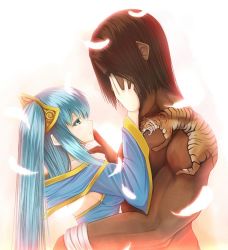 Rule 34 | 1boy, 1girl, blue hair, brown hair, couple, feathers, from side, gold trim, hetero, league of legends, lee sin, long hair, muscular, oldlim, sona (league of legends), tattoo, tiger, twintails