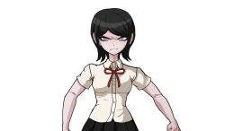 1girl angry black_hair black_skirt blue_eyes bow breasts closed_mouth danganronpa:_trigger_happy_havoc danganronpa_(series) drakidor female_focus freckles frown ikusaba_mukuro looking_at_viewer medium_breasts neck_ribbon outstretched_arms pleated_skirt red_bow red_ribbon ribbon shirt simple_background skirt solo solo_focus third-party_edit transparent_background white_shirt xxgoldmadnessxx