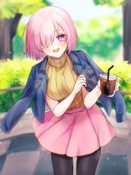 Rule 34 | 1girl, alternate costume, black pantyhose, blue jacket, blurry, blurry background, blush, breasts, commentary request, drink, fate/grand order, fate (series), hair over one eye, harukappa, highres, holding, holding drink, jacket, jacket on shoulders, looking at viewer, mash kyrielight, medium breasts, one eye covered, open mouth, outdoors, pantyhose, pink hair, pink skirt, purple eyes, ribbed sweater, short hair, skirt, smile, solo, sweater, teeth, tree, turtleneck, turtleneck sweater, twitter username, upper teeth only, yellow sweater