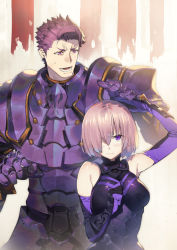 Rule 34 | 1boy, 1girl, arm up, armor, black gloves, blush, breastplate, breasts, closed mouth, elbow gloves, fate/grand order, fate (series), faulds, gloves, hair between eyes, hair over one eye, hand up, lancelot (fate/grand order), large breasts, looking at another, mash kyrielight, open mouth, pauldrons, purple eyes, purple gloves, purple hair, ryota-h, short hair, shoulder armor, sweatdrop, teeth, upper body