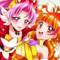 Rule 34 | 2girls, :d, absurdres, akagi towa, amanogawa kirara, bad id, bad pixiv id, belt, blush, brooch, brown hair, choker, cure scarlet, cure twinkle, earrings, go! princess precure, highres, jewelry, long hair, looking at viewer, magical girl, multicolored hair, multiple girls, open mouth, pink hair, pointy ears, precure, red eyes, red hair, sharumon, smile, sparkle, star (symbol), star earrings, streaked hair, two-tone hair, upper body, white background