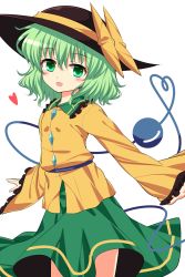Rule 34 | 1girl, bad id, bad pixiv id, bow, green eyes, green hair, hat, hat bow, heart, heart of string, highres, isa, komeiji koishi, long sleeves, matching hair/eyes, open mouth, shirt, skirt, smile, solo, third eye, touhou, wide sleeves
