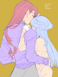 Rule 34 | 2girls, absurdres, ahoge, blush, brown sweater, closed eyes, commentary request, couple, dated, from behind, grey hair, gundam, gundam suisei no majo, hand on another&#039;s hip, hand on another&#039;s shoulder, highres, long hair, long sleeves, miorine rembran, multiple girls, purple sweater, red hair, suletta mercury, sweater, thick eyebrows, twitter username, yuri, yuri kyanon
