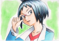 Rule 34 | 1boy, adjusting eyewear, black hair, blue jacket, cheren (pokemon), collarbone, commentary request, creatures (company), game freak, glasses, green background, grey eyes, hand up, highres, jacket, long sleeves, looking down, male focus, nintendo, oka mochi, open clothes, open jacket, open mouth, pokemon, pokemon bw, shirt, short hair, smile, solo, tongue, traditional media, white shirt
