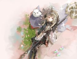 Rule 34 | 1girl, armor, bird, black gloves, cape, closed mouth, crown, feh (fire emblem heroes), fire emblem, fire emblem heroes, gloves, grey hair, hair ornament, holding, holding staff, hukashin, long hair, long sleeves, lying, nintendo, on back, orb, owl, red eyes, staff, veronica (fire emblem)