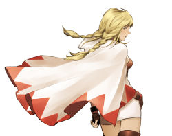 Rule 34 | 1girl, blonde hair, braid, final fantasy, final fantasy tactics, fingerless gloves, from behind, gloves, koutarou (artist), koutarou (farthest), looking back, open clothes, open robe, robe, solo, thighhighs, twin braids, twintails, white mage, white mage (fft), white mage (final fantasy)