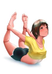 Rule 34 | arched back, ass, bare legs, barefoot, blush, breasts, brown hair, collarbone, crop top, feet, flexible, hair down, hands on legs, highres, legs up, looking up, lying, midriff, nipples through clothes, on stomach, original, parted lips, red eyes, shiny skin, shirt, short hair, shorts, small breasts, soles, stretching, tan, tanline, teeth, thighs, toenails, toes, uriens, white background, yellow shirt, yoga