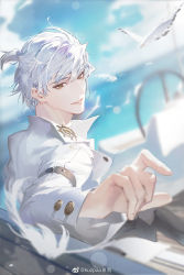 Rule 34 | 1boy, blurry, buttons, depth of field, formal, highres, kuzpao, light and night love, long sleeves, male focus, outdoors, qi sili, shirt, short hair, smile, solo, suit, upper body, white hair