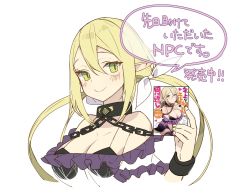 Rule 34 | 1girl, blonde hair, blush, book, breasts, chain, character request, cleavage, closed mouth, copyright request, cuffs, face, frills, gem, green eyes, hair between eyes, highres, holding, holding book, kitada mo, long hair, pointy ears, shackles, simple background, smile, solo, speech bubble, twintails, white background