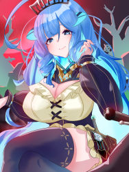 Rule 34 | 1girl, absurdres, ahoge, blue fire, blue hair, breasts, cleavage cutout, clothing cutout, crown, dagger, detached collar, detached sleeves, disembodied head, dress, drill hair, drill sidelocks, dullahan, fiery hair, fire, glowing horns, highres, horns, huge ahoge, kappaako, knife, large breasts, long hair, prism project, rikudou yura, sidelocks, solo, symbol-shaped pupils, thighhighs, virtual youtuber, weapon, x-shaped pupils, x x