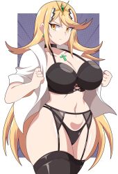 Rule 34 | 1girl, absurdres, abysswatchers, blonde hair, bra, breasts, cleavage, clothes pull, garter straps, highres, large breasts, legs, long hair, mythra (xenoblade), navel, open clothes, open shirt, presenting, pulled by self, shirt pull, thick thighs, thighs, thong, underwear, very long hair, wide hips, xenoblade chronicles (series), xenoblade chronicles 2, yellow eyes