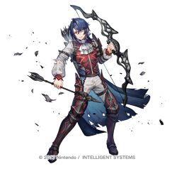 Rule 34 | 1boy, alcryst (fire emblem), armor, arrow (projectile), ascot, blue hair, bow (weapon), fire emblem, fire emblem engage, fire emblem heroes, full body, hair between eyes, hair ornament, hairclip, holding, holding bow (weapon), holding weapon, long sleeves, male focus, nintendo, official art, one eye closed, pants, red eyes, red vest, senano-yu, shirt, short hair, shoulder armor, sidelocks, solo, standing, torn clothes, vest, waist cape, watermark, weapon, white ascot, white background, white pants, white shirt
