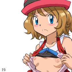 Rule 34 | 1girl, angry, bare shoulders, black bra, blonde hair, blue eyes, blue ribbon, blush, bra, bra lift, breasts, closed mouth, collarbone, collared shirt, creatures (company), embarrassed, female focus, flashing, game freak, gomatarou (pixiv196136), hands up, hat, jaggy lines, looking at viewer, lowres, neck ribbon, nintendo, nipples, open clothes, open shirt, open vest, pink shirt, pokemon, pokemon (anime), pokemon xy (anime), porkpie hat, red hat, ribbon, serena (pokemon), shirt, short hair, sidelocks, simple background, sleeveless, sleeveless shirt, small breasts, solo, split mouth, sweat, tears, underwear, upper body, v-shaped eyebrows, vest, white background