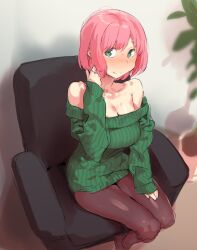 Rule 34 | 1girl, bare shoulders, blush, breasts, brown pantyhose, chair, cleavage, closed mouth, green eyes, green sweater, large breasts, long sleeves, looking at viewer, nanaichi, off-shoulder sweater, off shoulder, original, pantyhose, pink hair, ribbed sweater, short hair, sitting, solo, sweat, sweater