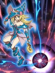 Rule 34 | 1girl, blonde hair, blue footwear, boots, breasts, cleavage, commentary request, dark magician girl, duel monster, energy ball, eyelashes, hair between eyes, hat, hijiri-tukasa, holding, holding wand, long hair, open mouth, solo, wand, yu-gi-oh!