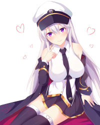 Rule 34 | 1girl, azur lane, black coat, black necktie, black thighhighs, blush, breasts, coat, collared shirt, commentary request, enterprise (azur lane), hat, head tilt, heart, highres, large breasts, long hair, looking at viewer, necktie, peaked cap, pointing, pointing at self, purple eyes, qi ye shao yan, shirt, silver hair, skirt, sleeveless, sleeveless shirt, smile, solo, thighhighs