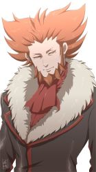 Rule 34 | 1boy, black jacket, closed mouth, commentary request, creatures (company), facial hair, fur-trimmed jacket, fur trim, game freak, highres, jacket, looking to the side, lysandre (pokemon), male focus, nintendo, orange hair, pokemon, pokemon xy, red neckwear, sanwari (aruji yume), simple background, solo, spiked hair, team flare, upper body, white background