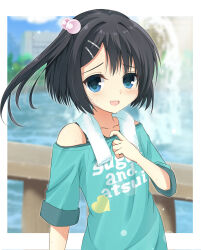 Rule 34 | 1girl, :d, aqua shirt, black hair, blue eyes, blurry, blurry background, blush, bububugsan, casual, clothes writing, collarbone, commentary, day, dracu-riot!, eyelashes, flat chest, furrowed brow, hair between eyes, hair bobbles, hair ornament, hairclip, heart, heart print, highres, hot, looking at viewer, mera azusa, off shoulder, open mouth, outdoors, shirt, shirt tug, short hair, short sleeves, side ponytail, smile, solo, summer, sweat, towel, towel around neck, upper body