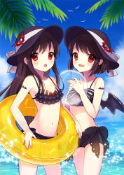 Rule 34 | 2girls, :d, :o, animal, ball, bare shoulders, beachball, bikini, bird, blush, braid, breasts, cleavage, collarbone, fang, flying, frilled bikini, frills, hat, holding, innertube, long hair, looking at viewer, multiple girls, navel, open mouth, red eyes, rion flina, see-through, short hair, siblings, sion flina, small breasts, smile, standing, swim ring, swimsuit, sword girls, tattoo, tooth, transparent, twins, wings