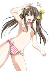 Rule 34 | 10s, 1girl, armpits, blush, breasts, brown hair, censored, convenient censoring, green eyes, hair censor, hair over breasts, hair ribbon, huang lingyin, infinite stratos, medium breasts, mister (black and white), one eye closed, open mouth, panties, ribbon, solo, striped clothes, striped panties, topless, twintails, underwear, wink