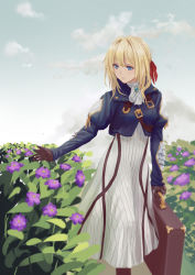 Rule 34 | 10s, 1girl, alset, bag, blonde hair, blue eyes, blue jacket, braid, briefcase, brooch, brown gloves, closed mouth, cloud, commentary request, day, dress, feet out of frame, flower, gloves, hair between eyes, hair intakes, hair ribbon, highres, holding, holding bag, holding briefcase, jacket, jewelry, long hair, long sleeves, looking away, looking to the side, outdoors, outstretched arm, red ribbon, ribbon, sky, smile, solo, standing, tareme, violet evergarden, violet evergarden (series)