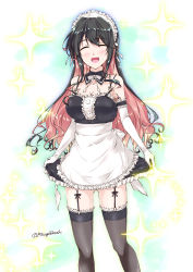Rule 34 | 1girl, alternate costume, apron, black dress, black hair, black thighhighs, blush, breasts, cleavage, detached collar, dress, elbow gloves, enmaided, closed eyes, fang, garter straps, gloves, hair ribbon, kantai collection, long hair, maid, maid apron, maid headdress, medium breasts, mikage takashi, multicolored hair, naganami (kancolle), open mouth, pink hair, ribbon, smile, solo, strapless, strapless dress, thighhighs, two-tone hair, waist apron, wavy hair, white gloves