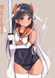 Rule 34 | 1girl, absurdres, adapted costume, black eyes, black hair, black one-piece swimsuit, commentary request, covered navel, elbow gloves, gloves, gluteal fold, grey background, headgear, highres, i-400 (kancolle), kantai collection, long hair, magical girl, one-hour drawing challenge, one-piece swimsuit, one-piece tan, orange sailor collar, sailor collar, sailor shirt, sakura ab, school swimsuit, shirt, side-tie shirt, simple background, sleeveless, sleeveless shirt, solo, swimsuit, swimsuit under clothes, sword, tan, tanline, thighhighs, twitter username, weapon, white gloves, white thighhighs