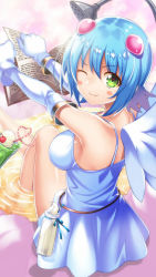 Rule 34 | 1girl, angel, angel wings, asymmetrical wings, back, bare shoulders, bathing, blue hair, blush, book, bottle, breasts, closed mouth, cup, dress, drinking straw, elbow gloves, from behind, gloves, green eyes, hair ornament, highres, holding, holding book, looking at viewer, medium breasts, milk, milk bottle, nanael (queen&#039;s blade), nanael (queen&#039;s blade unlimited), official art, one eye closed, queen&#039;s blade, queen&#039;s blade unlimited, queen&#039;s blade white triangle, shiny skin, short hair, showering, smile, solo, wading, water, white dress, wings
