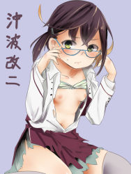 Rule 34 | 1girl, akino shuu, blue-framed eyewear, blush, bow, bow bra, bra, bra lift, breasts, brown hair, character name, closed mouth, collarbone, collared shirt, commentary request, glasses, green bra, green eyes, grey thighhighs, hands up, kantai collection, light brown hair, long sleeves, looking at viewer, multicolored hair, nipples, okinami (kancolle), open clothes, open shirt, polka dot, polka dot bra, purple background, purple skirt, shirt, simple background, sitting, skirt, small breasts, solo, thighhighs, torn clothes, torn shirt, torn skirt, two-tone hair, underwear, wariza, white shirt