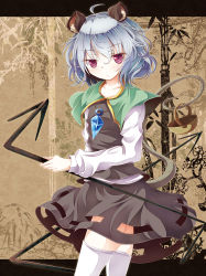 Rule 34 | 1girl, ahoge, animal ears, bad id, bad pixiv id, basket, capelet, dowsing rod, dress, female focus, highres, holding, jewelry, letterboxed, long sleeves, mouse ears, mouse tail, nazrin, pendant, pendulum, red eyes, sash, short hair, silver hair, skirt, skirt set, solo, tail, tamago gohan, thighhighs, touhou, white thighhighs