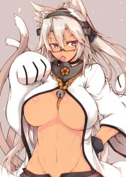 Rule 34 | 10s, 1girl, animal ears, bell, between breasts, blazblue, breasts, brown hair, candy, cat ears, cat tail, chupa chups, cosplay, covered erect nipples, dark-skinned female, dark skin, food, glasses, gloves, hand on own hip, headgear, jingle bell, kantai collection, kokonoe (blazblue), kokonoe (cosplay), large breasts, lollipop, long hair, mouth hold, multiple tails, musashi (kancolle), open fly, paw pose, red eyes, ro-ga (kurumaya), short hair, solo, tail, underboob, unzipped