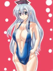 Rule 34 | 1girl, breasts, cleavage, collarbone, easily, grey hair, hat, huge breasts, kamishirasawa keine, large breasts, long hair, midriff, navel, one-piece swimsuit, slingshot swimsuit, smile, solo, swimsuit, touhou