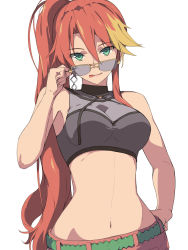 Rule 34 | 1girl, bare arms, bare shoulders, belt, blonde hair, breasts, chiharu (9654784), earrings, eiyuu densetsu, unworn eyewear, falcom, green eyes, highres, jewelry, judith ranster, kuro no kiseki, long hair, looking at viewer, multicolored hair, navel, ponytail, red hair, shorts, simple background, smile, solo, sports bra, stomach, sunglasses, tongue, tongue out, two-tone hair, white background