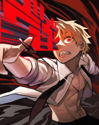 Rule 34 | 1boy, abs, absurdres, black necktie, black pants, chainsaw, chainsaw man, clip studio paint (medium), collared shirt, denji (chainsaw man), highres, looking at viewer, motion blur, motion lines, necktie, open clothes, open shirt, pants, parted lips, pull cord, red eyes, sharp teeth, shirt, solo, soubu yuusuke, teeth, white shirt