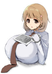 Rule 34 | 10s, breasts, brown eyes, brown hair, hozumi citrus, huge breasts, narusawa ryouka, necktie, object on breast, occultic;nine, tawawa challenge