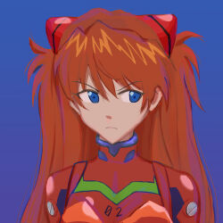 Rule 34 | 1girl, :&lt;, artist request, blue eyes, bodysuit, breasts, brown hair, interface headset, long hair, looking at viewer, neon genesis evangelion, pilot suit, plugsuit, red bodysuit, simple background, small breasts, solo, souryuu asuka langley, tsundere, two side up, upper body, very long hair