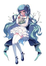Rule 34 | 1girl, aqua hair, bare shoulders, birdcage, blue eyes, cage, closed mouth, detached sleeves, earrings, frilled skirt, frills, full body, highres, jewelry, long hair, looking at viewer, mechuragi, original, simple background, skirt, smile, solo, thighhighs, transparent background, very long hair, white background, white skirt, white thighhighs, zettai ryouiki