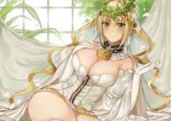 Rule 34 | 10s, 1girl, absurdres, ahoge, bare shoulders, blonde hair, blush, breasts, chain, cleavage, closed mouth, elbow gloves, fate/extra, fate/extra ccc, fate (series), gloves, green eyes, highres, large breasts, laurel crown, lock, looking at viewer, lying, nero claudius (bride) (fate), nero claudius (bride) (third ascension) (fate), nero claudius (fate), nero claudius (fate) (all), on side, oretsuu, padlock, smile, solo, veil, white gloves