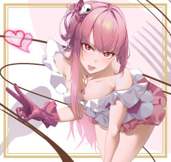 Rule 34 | 1girl, absurdres, aoba ao, asymmetrical hair, bare shoulders, blush, border, breasts, cleavage, collarbone, commentary, cowboy shot, dress, frilled dress, frilled gloves, frills, gloves, hair ornament, heart, highres, hololive, hololive english, idol (yoasobi), long hair, looking at viewer, medium breasts, mori calliope, off-shoulder dress, off shoulder, open mouth, pink dress, pink eyes, pink gloves, pink hair, single sidelock, skull hair ornament, solo, star-shaped pupils, star (symbol), symbol-shaped pupils, twitter username, two-tone dress, v, variant set, virtual youtuber, white dress, yoasobi