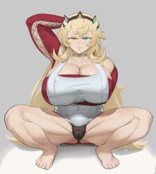 Rule 34 | 1girl, absurdres, apron, barghest (fate), barghest (like a lady) (fate), black panties, blonde hair, booruguru, breasts, cleavage, fate (series), female focus, grey background, highres, huge breasts, muscular, muscular female, panties, skindentation, solo, spread legs, thick thighs, thighs, underwear