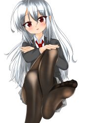 Rule 34 | 1girl, blush, crossed arms, crossed legs, feet, highres, long hair, looking at viewer, original, pantyhose, parted lips, red eyes, silver hair, sitting, soles, toes, white background