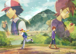 Rule 34 | 2boys, ash ketchum, backpack, bag, baseball cap, boots, brown hair, buttons, closed mouth, cloud, commentary request, creatures (company), day, english text, fingerless gloves, from side, game freak, gary oak, gen 1 pokemon, gloves, green bag, green gloves, hat, highres, hill, holding, holding poke ball, holding strap, jacket, lens flare, male focus, multiple boys, nintendo, open clothes, open jacket, outdoors, pants, pikachu, poke ball, pokemon, pokemon (anime), pokemon (classic anime), pokemon (creature), pokemon on back, shirt, shoes, short hair, sky, smile, spiked hair, standing, yoi (207342)
