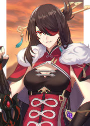Rule 34 | 1girl, beidou (genshin impact), breasts, brown hair, capelet, chinese clothes, cleavage, colored eyepatch, commentary, dress, earrings, eyepatch, genshin impact, gloves, grin, hair ornament, hair over one eye, hand up, highres, holding, holding weapon, jewelry, large breasts, long hair, looking at viewer, parted lips, red capelet, red eyes, shigure s, slit pupils, smile, solo, upper body, weapon